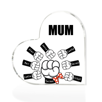 A mi mamá/abuela-Placa de acrílico "Puños" en forma de corazón 8 nombres y 1 texto personalizados-Jessemade ES