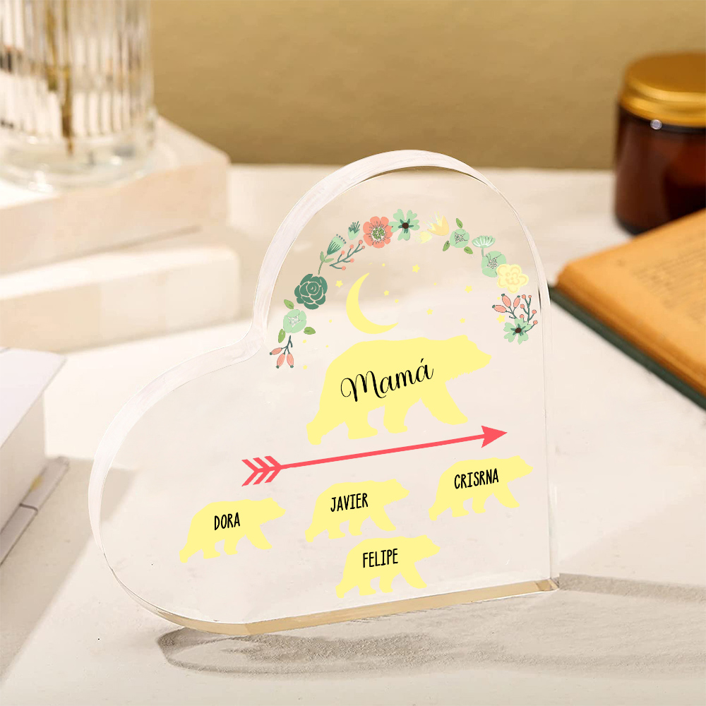 A mi mamá-Placa de acrílico en forma de corazón osos 1-6 nombres personalizados-Jessemade ES
