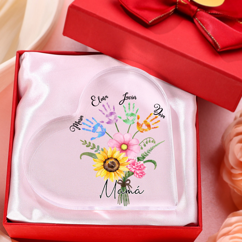 A mi mamá-Placa de acrílico en forma de corazón flor y manitas 1-5 nombres personalizados-Jessemade ES