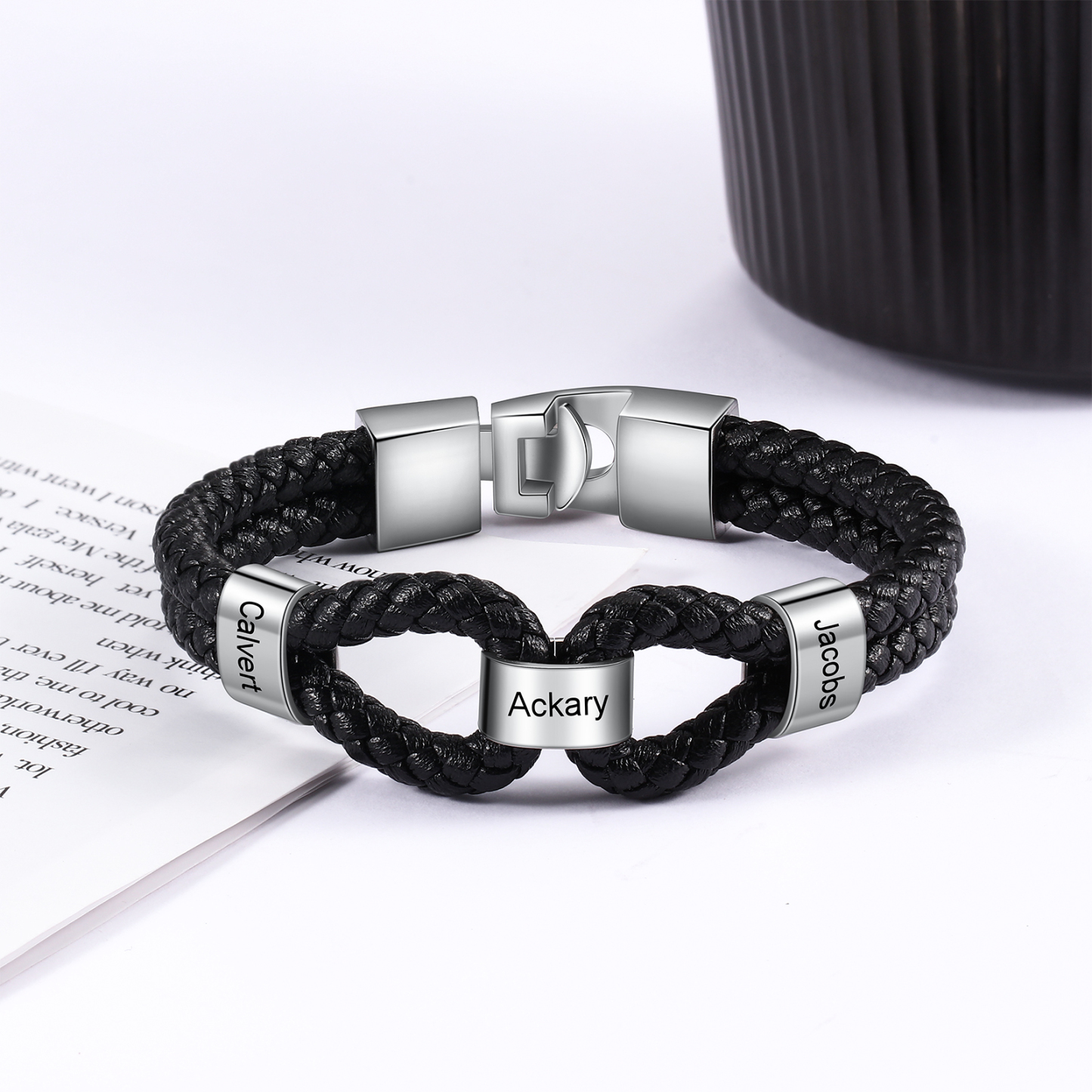 Pulsera 1-7 Nombres Personalizados de Cuero Trenzado con Aros-Jessemade ES