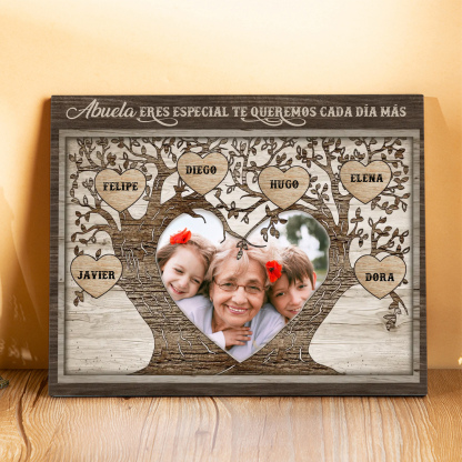 A familia - Lámina 2-9 nombres y 1 foto personalizados marco de madera árbol de la vida-Jessemade ES