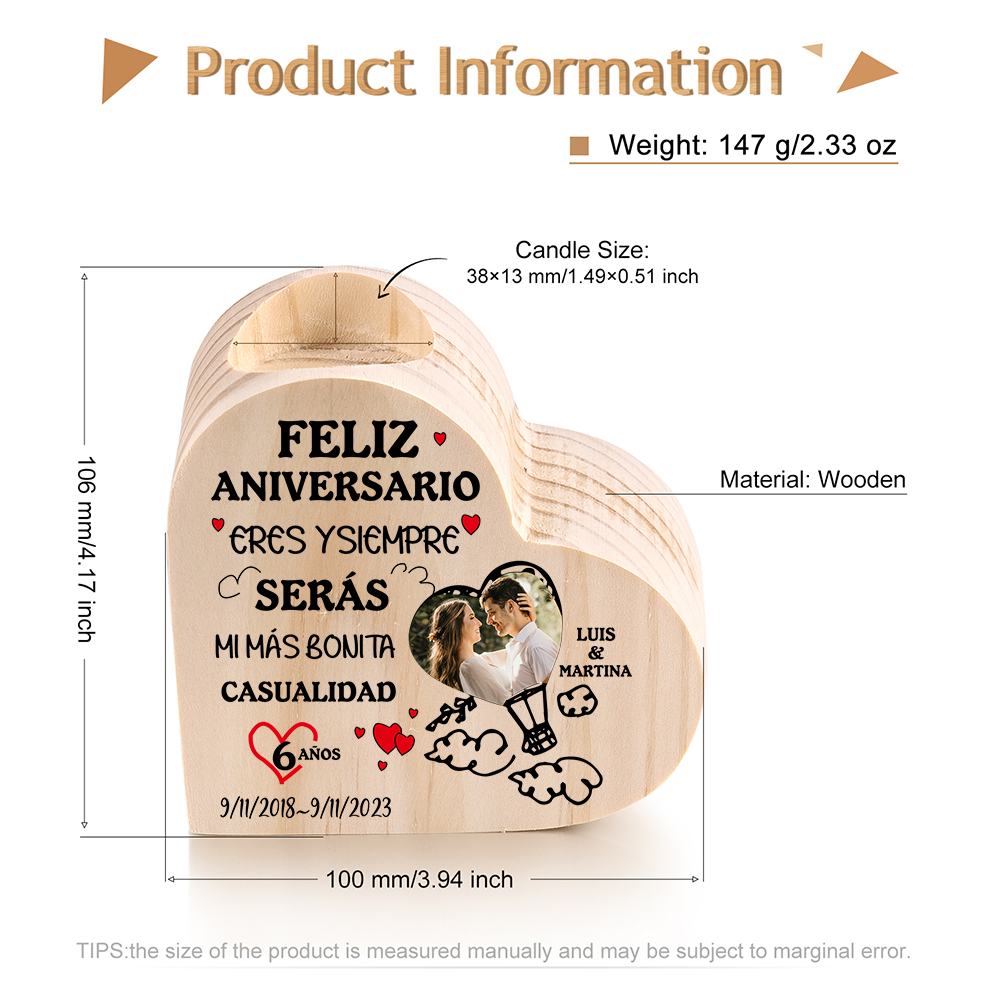 Aniversario-Candelero de madera para pareja con texto amoroso sin vela personalizado con nombres, fecha, foto y número-Jessemade ES