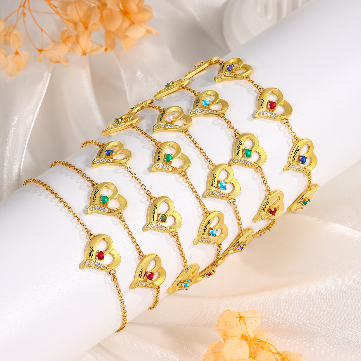 Pulsera 1-7 nombres y piedras de nacimiento personalizadas con dije de corazón-Jessemade ES