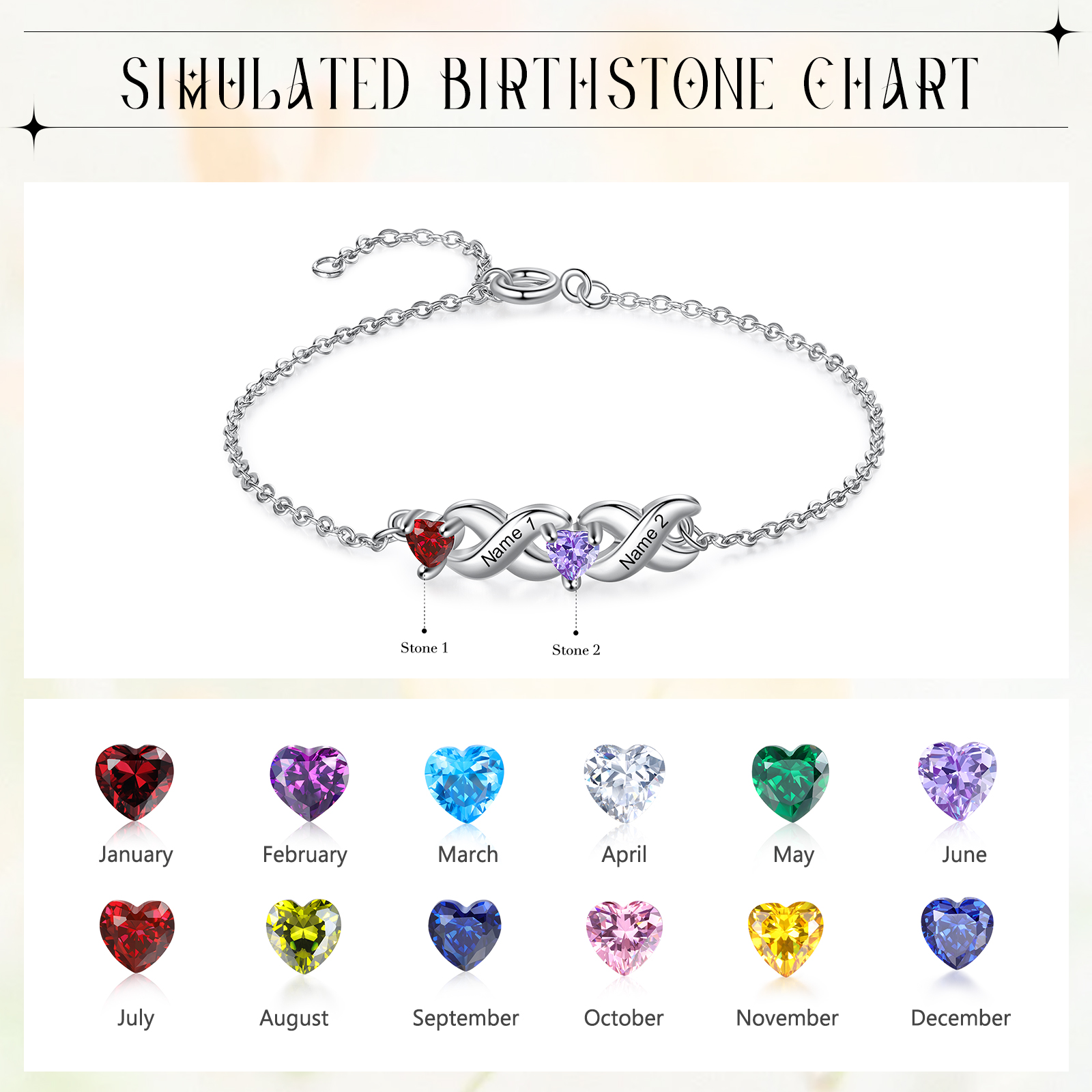 Pulsera infinito personalizada con 2 nombres y 2 piedras de nacimiento de corazón-Jessemade ES