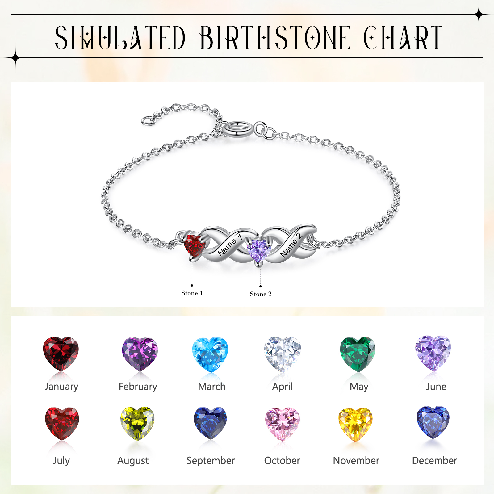Pulsera infinito personalizada con 2 nombres y 2 piedras de nacimiento de corazón-Jessemade ES