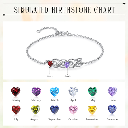 Pulsera infinito personalizada con 2 nombres y 2 piedras de nacimiento de corazón-Jessemade ES