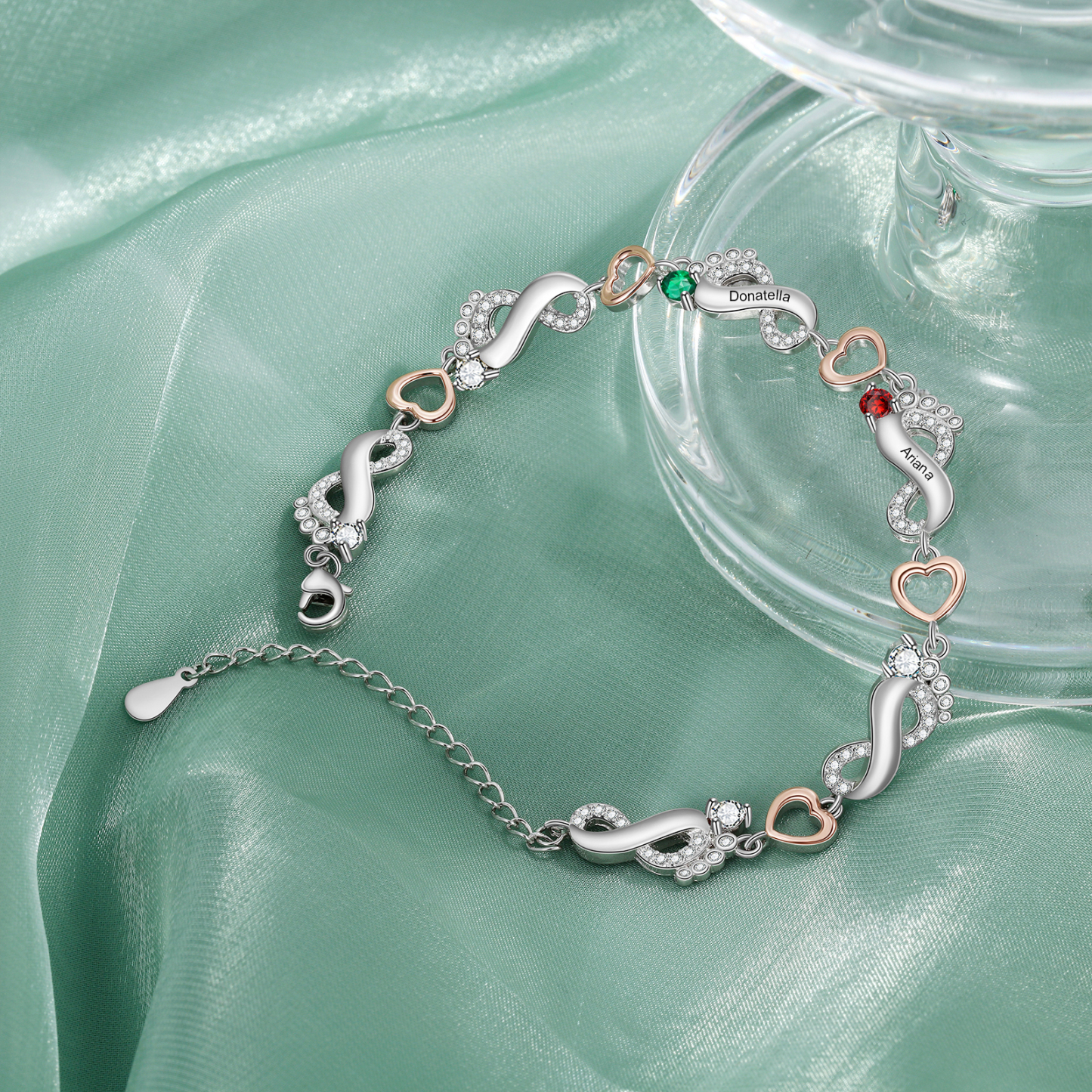 Pulsera personalizada para mujer con 1-6 nombres de pie de bebé con 1-6 piedras de nacimiento