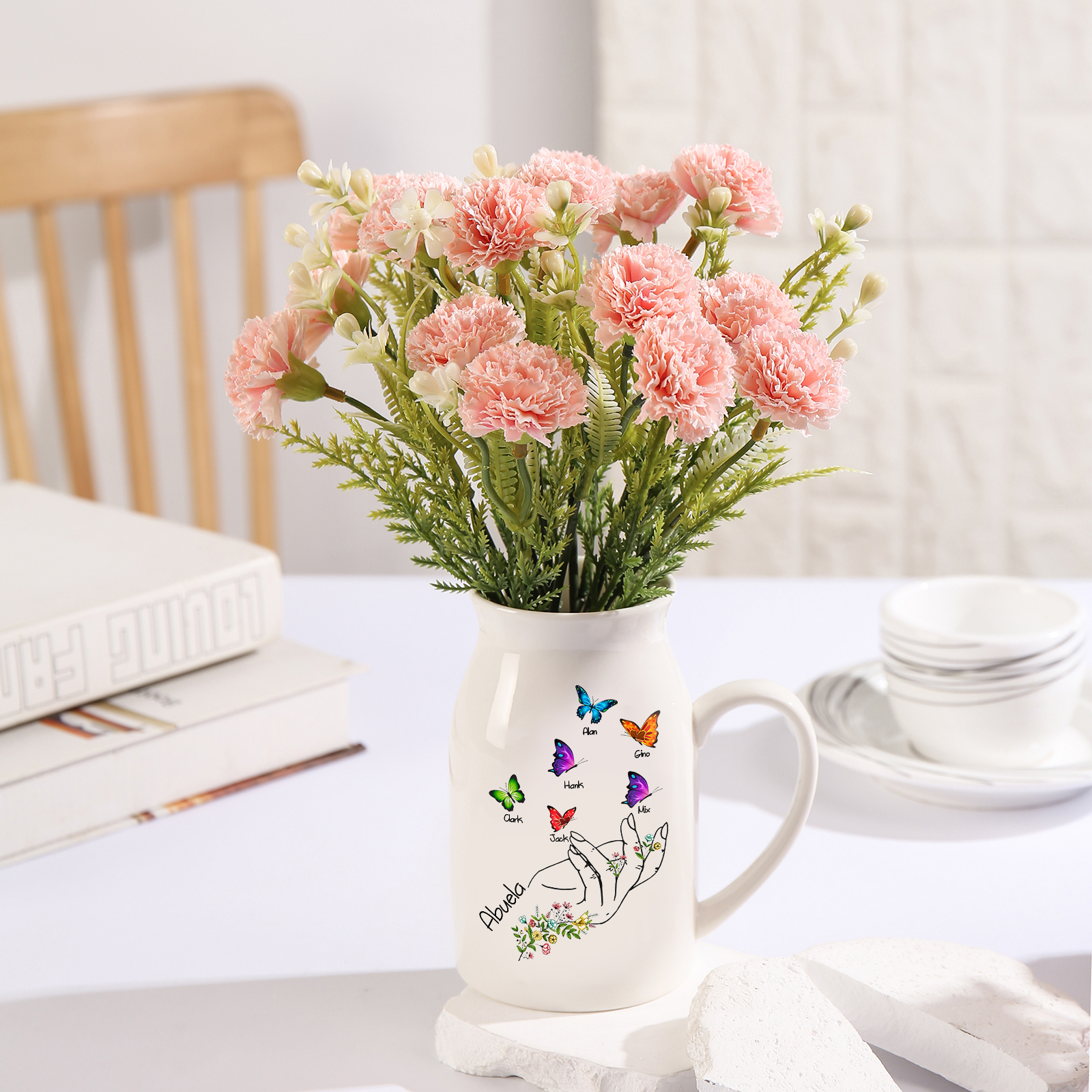 Florero de cerámica mano y mariposas 2-8 nombres personalizados con texto decoración del hogar-Jessemade ES