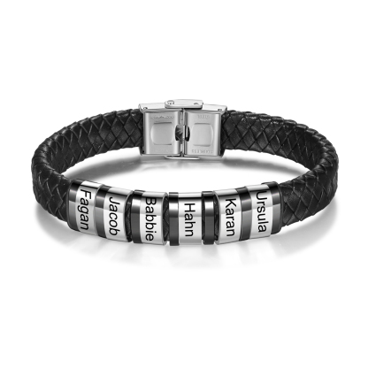 A mi querido-Pulsera de cuero trenzado de hombre con 6 perlas personalizadas con 6 nombres-Jessemade ES