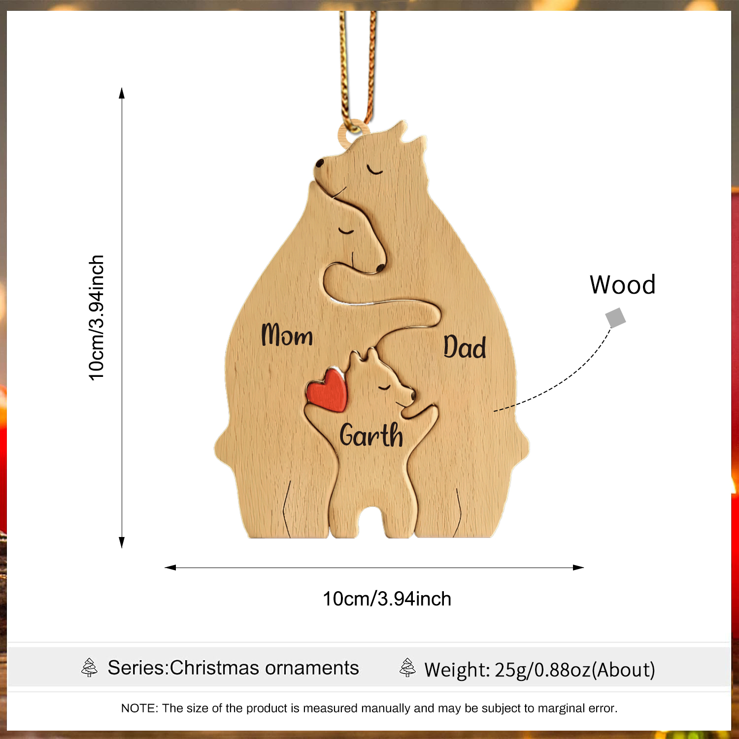 Navidad-Ornamento muñecos navideño de madera familia de canguros 3 nombres personalizados adorno del árbol-Jessemade ES
