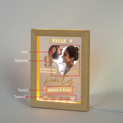 Marco con lámpara aniversario de 1 foto de madera para pareja 2 textos y número personalizados-Jessemade ES