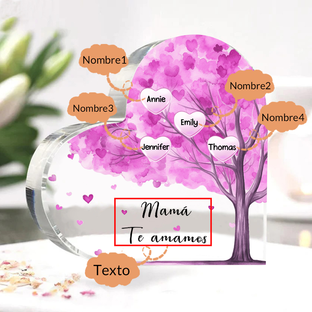 A mi mamá/abuela-Placa de acrílico "Árbol" en forma de corazón 4 nombres y 1 texto personalizados-Jessemade ES