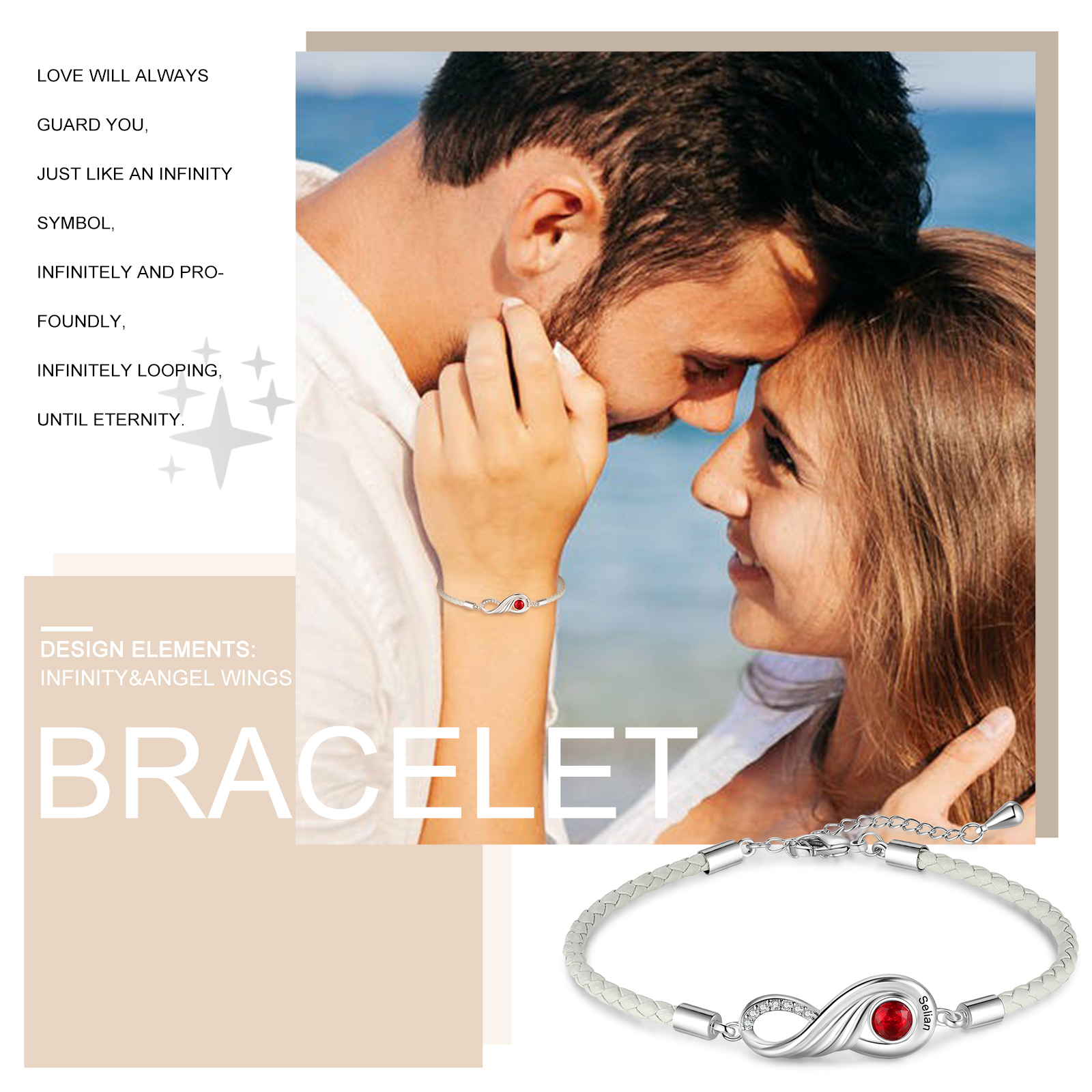 Pulsera de pareja 1 nombre personalizado con 1 piedra de nacimiento