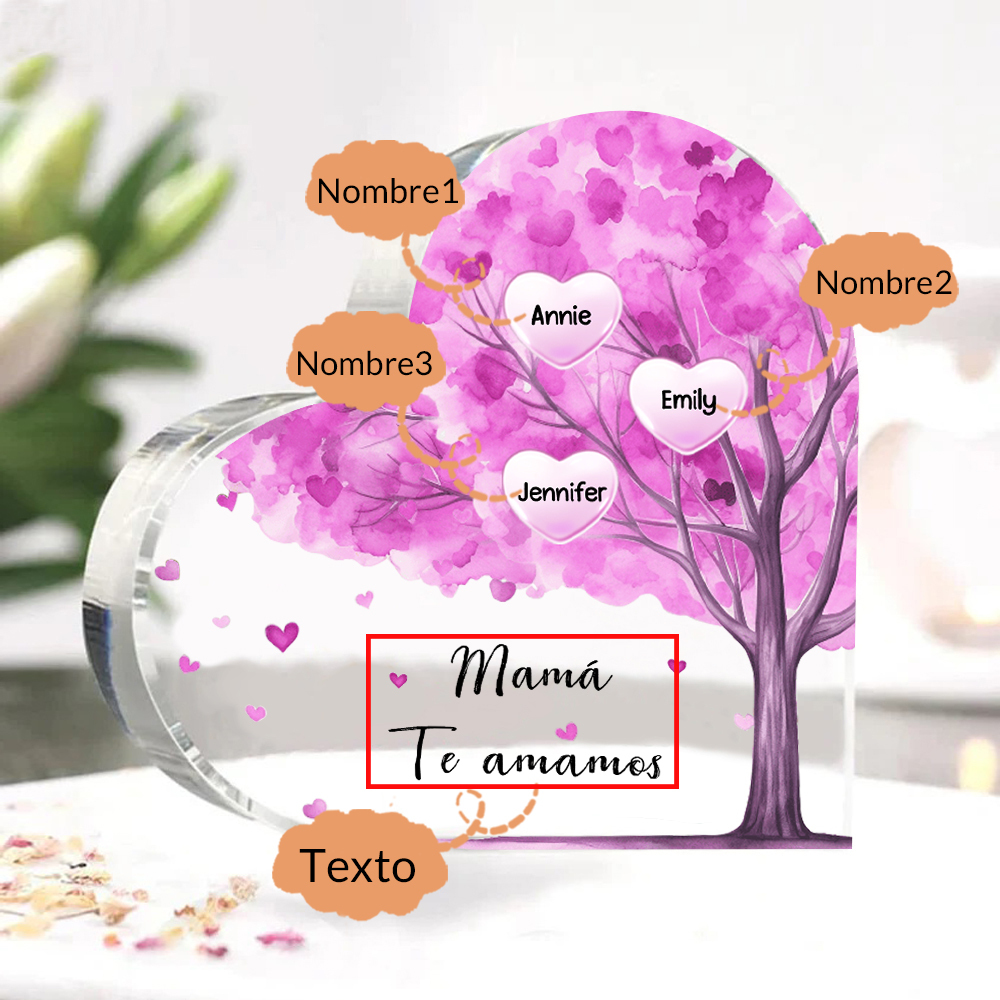 A mi mamá/abuela-Placa de acrílico "Árbol" en forma de corazón 3 nombres y 1 texto personalizados-Jessemade ES