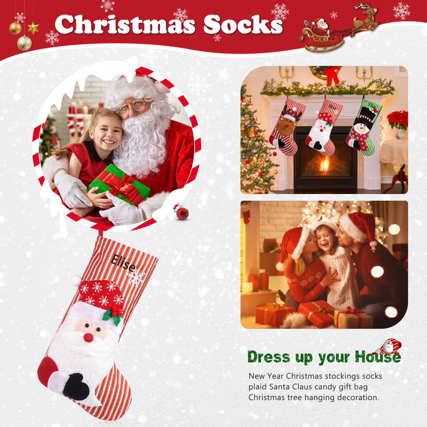 Adornos de medias navideñas con muñeco Bolsa de regalo 1 Nombre personalizado-Jessemade ES