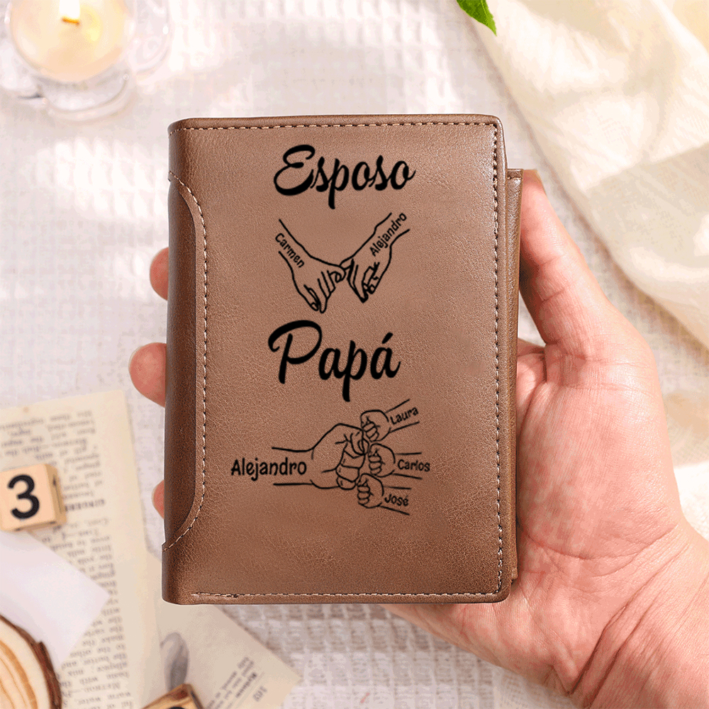 Cartera de cuero personalizada para hombre, personalizada con 1-8 nombres de hijos y diseño de puño, regalo perfecto para el Día del Padre | Jessemade