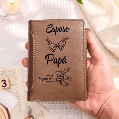 Cartera de cuero personalizada para hombre, personalizada con 1-8 nombres de hijos y diseño de puño, regalo perfecto para el Día del Padre | Jessemade
