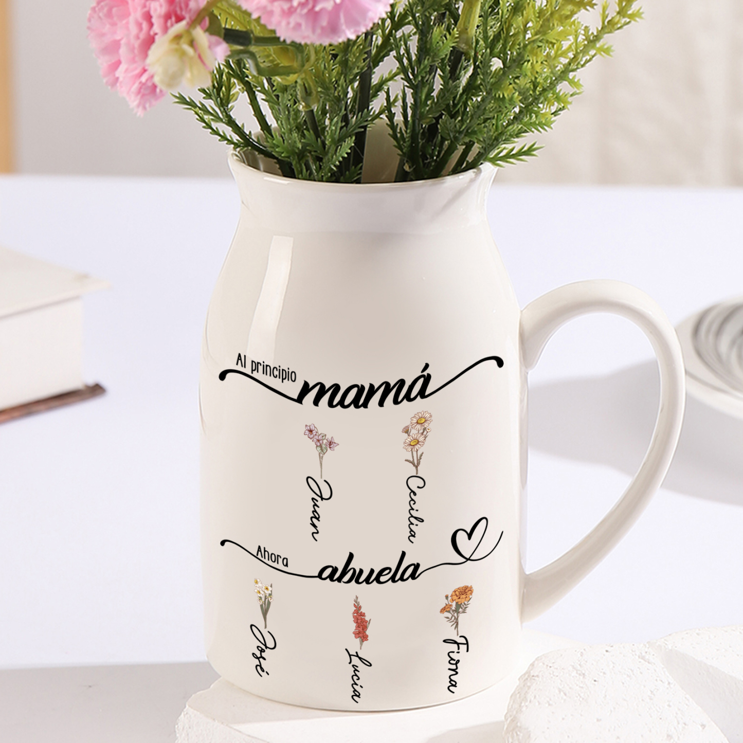 Florero de Cerámica para Abuela Personalizado con Nombres y Flores de Nacimiento | Jessemade ES