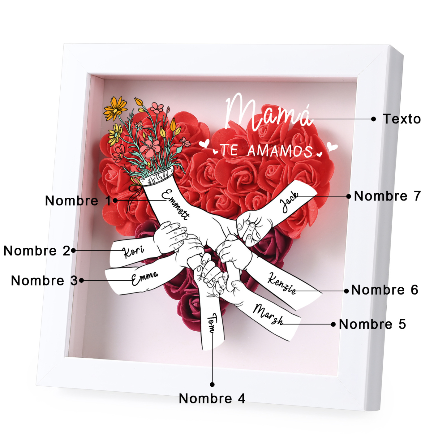 A mi mamá/abuela-Marco de flores de madera mano con mano personalizado con 7 nombres y 1 texto | Jessemade