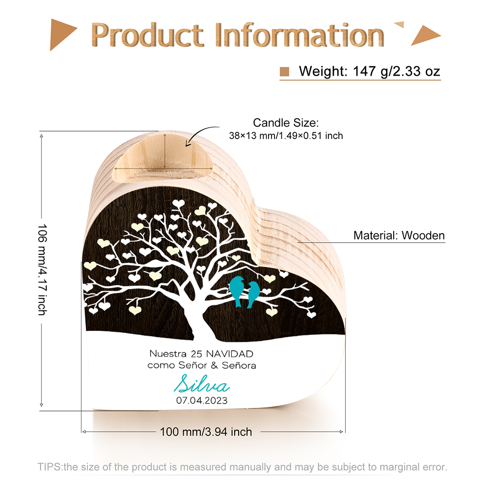 Aniversario de Navidad-Candelero de madera para pareja con pájaros de amor sin vela personalizado con apellido, fecha y número-Jessemade ES