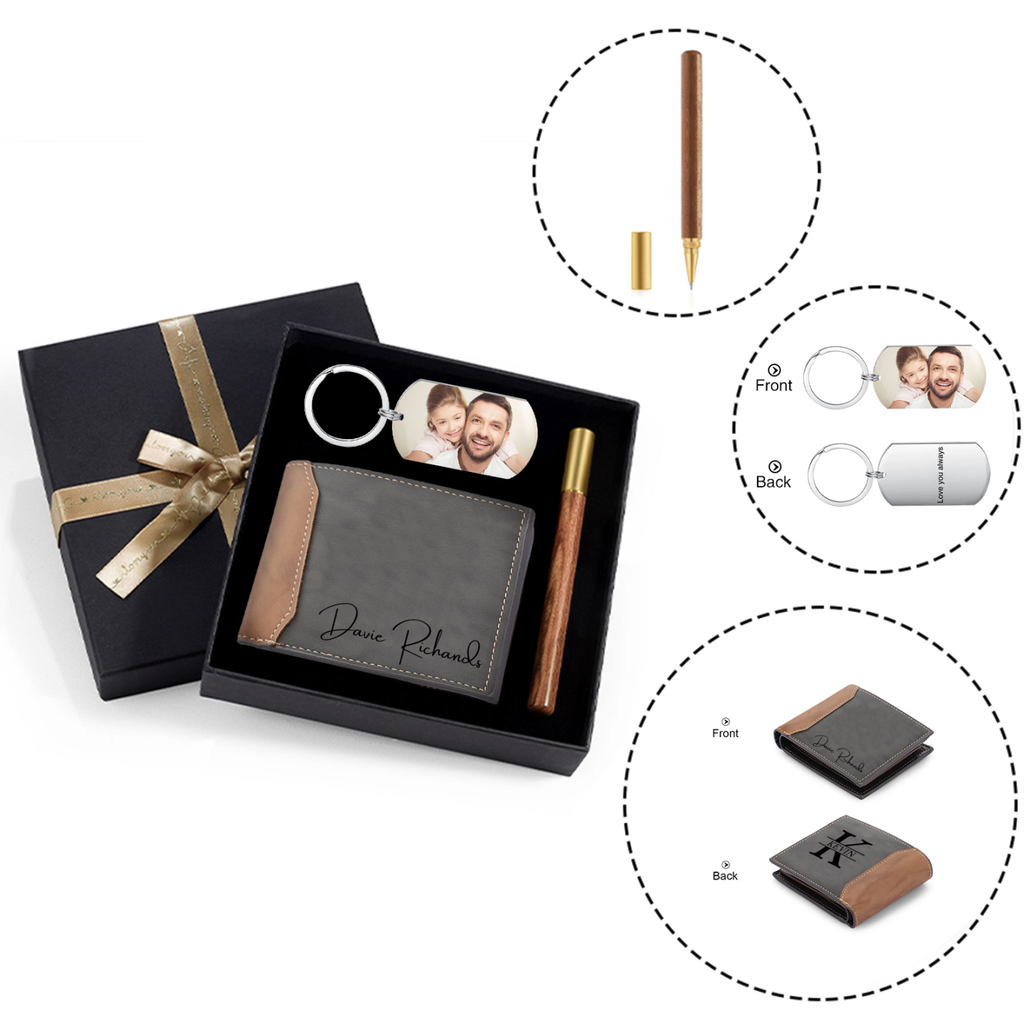 Kit de regalo-Llavero, cartera y bolígrafo con nombre, letra y 2 textos personalizados con foto para hombre-Jessemade ES