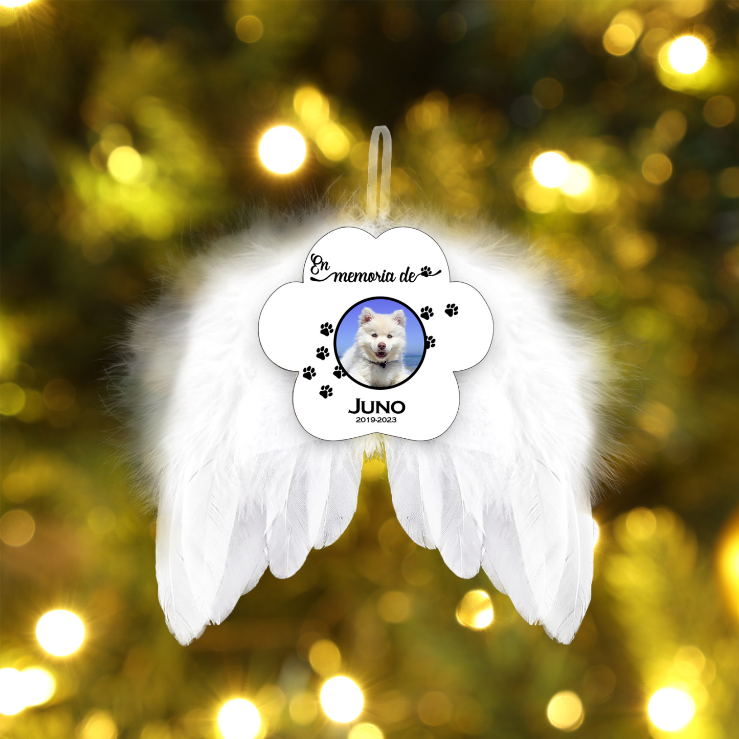 Navidad-Ornamento navideño alas de ángel en memoria de perros con 1 foto, 1 nombre y años personalizados-Jessemade ES