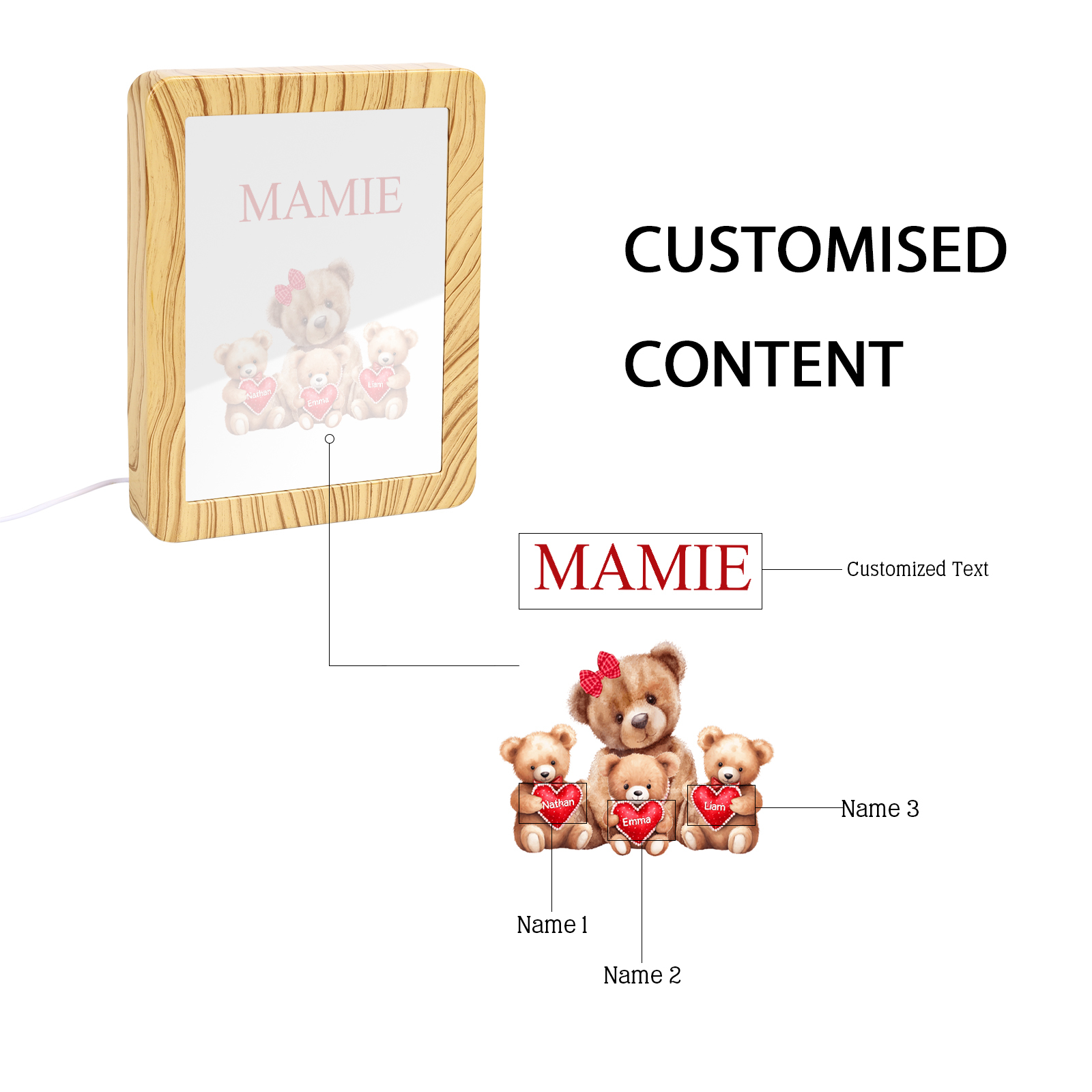 Marco/Espejo con LED Multifuncional Familia de Osos 1-4 Nombres Personalizados con 1 Texto-Jessemade ES