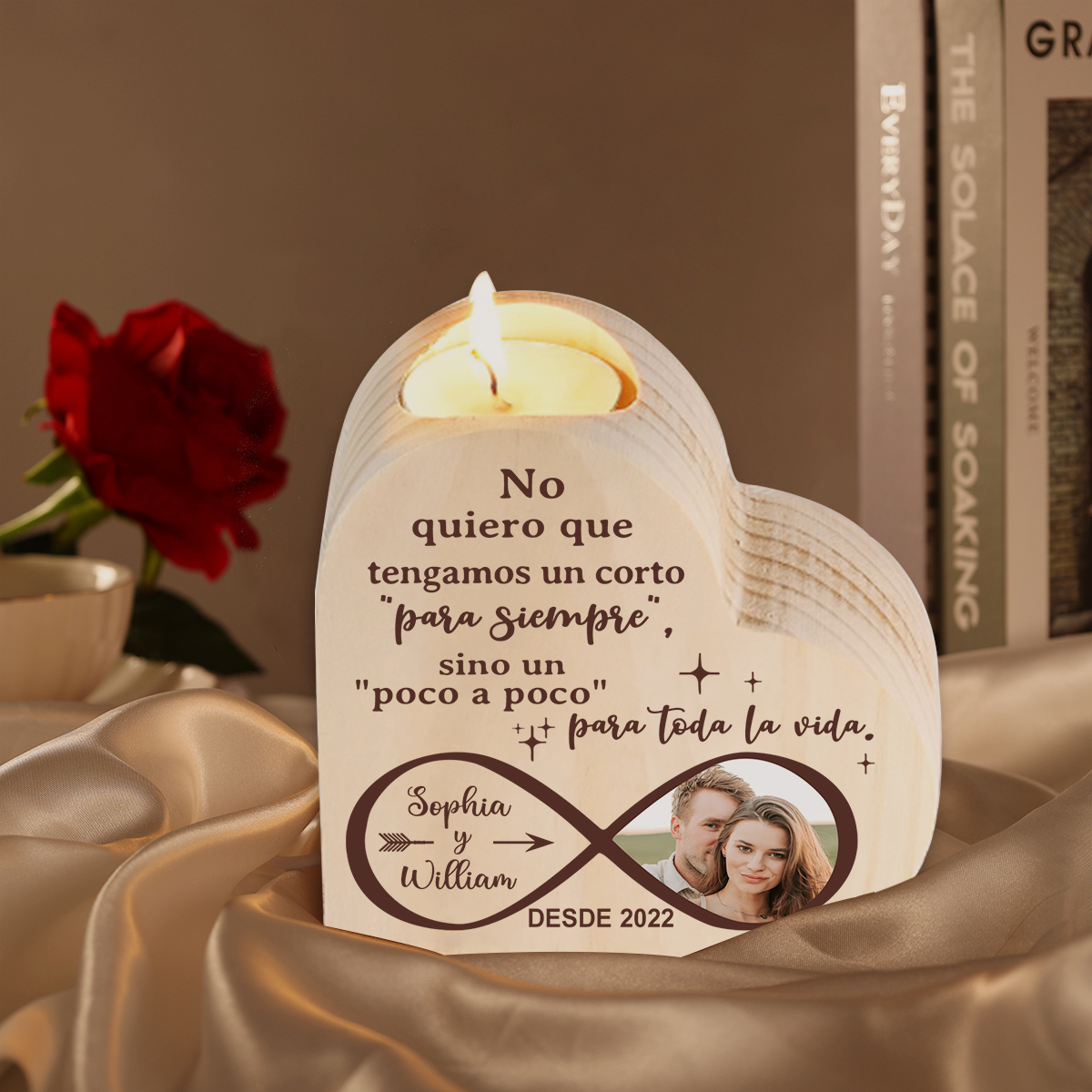 Candelero de madera infinito para pareja sin vela personalizado con 2 nombres, año y foto-Jessemade ES