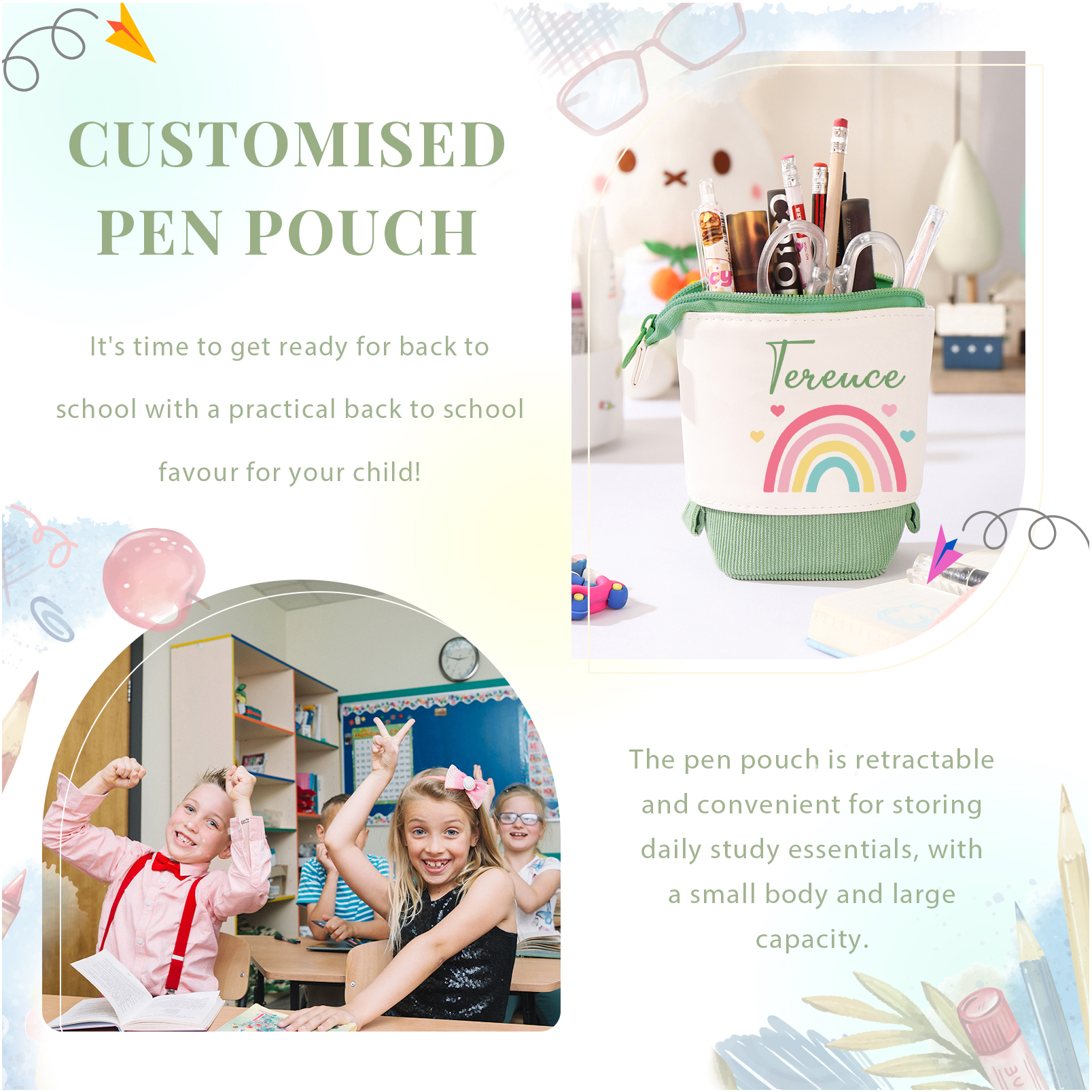 Estuche personalizado con nombre con diseños coloridos de iris para niños