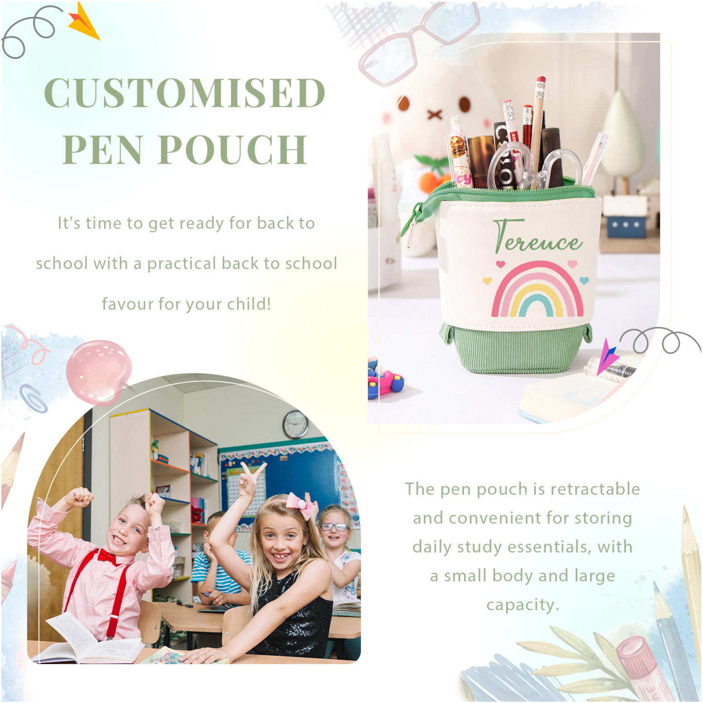 Estuche personalizado con nombre con diseños coloridos de iris para niños