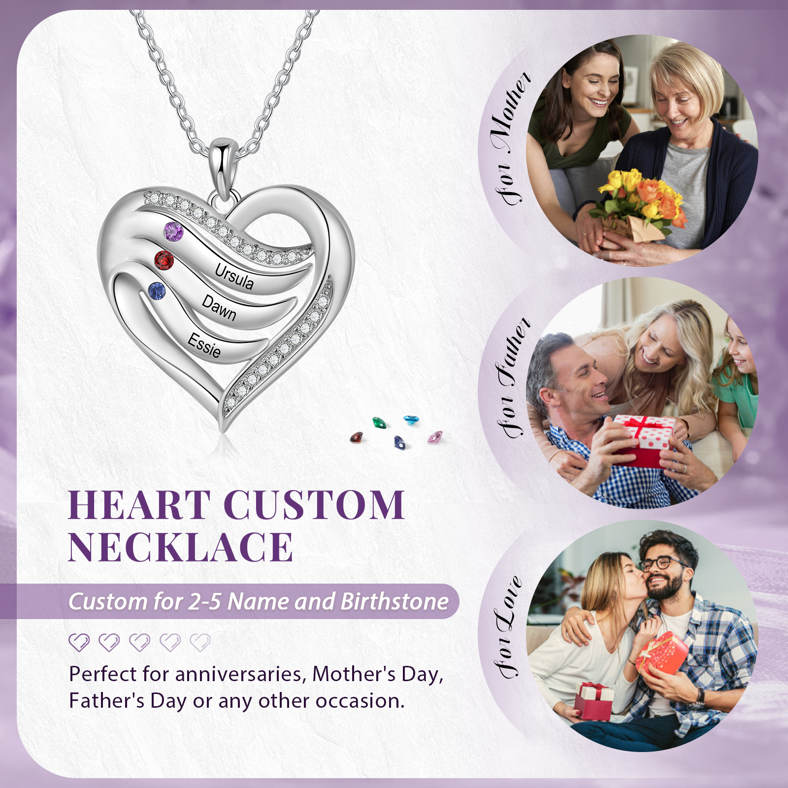 Collar de corazón de plata 925 con 3 nombres y piedras de nacimiento personalizados-Jessemade ES