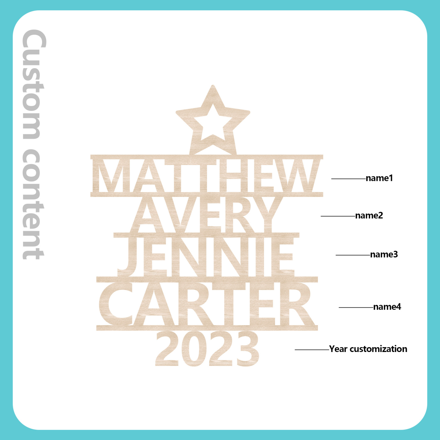 Navidad-Ornamento navideño de madera árbol de nombres con 4 nombres y año personalizados