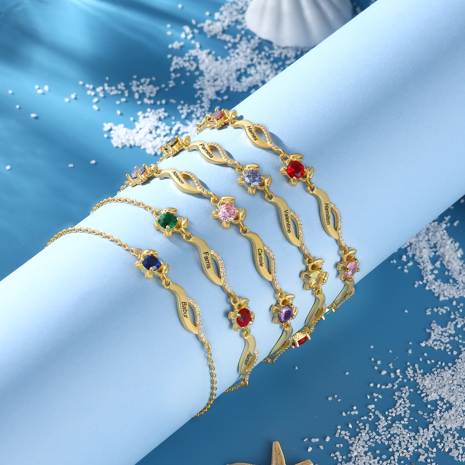 Pulsera con dije de cangrejo para mujer personalizada con 2 nombres y 2 piedras de nacimiento-Jessemade ES