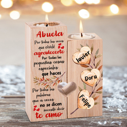 A mi abuela - Candelero de madera sin vela Corazones 3 nombres personalizados