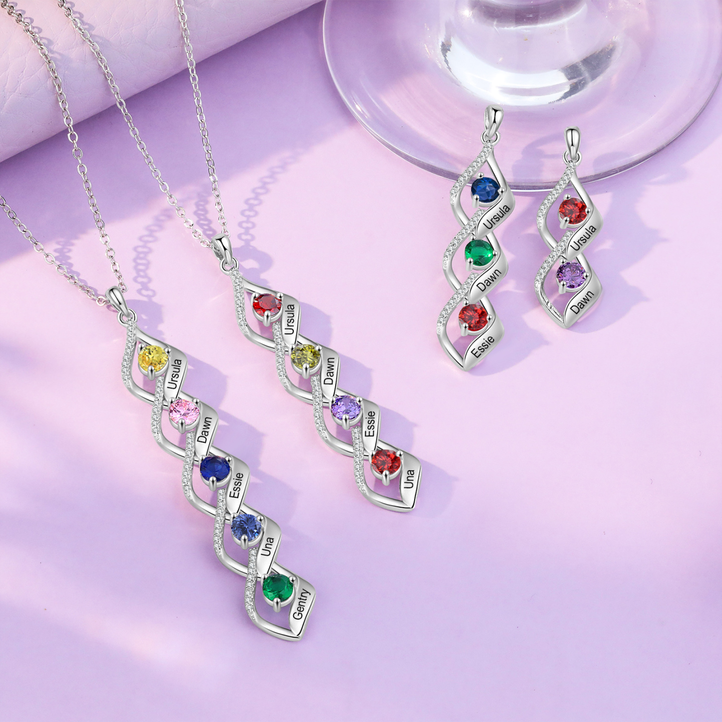Collar de lazos con 2-5 nombres y piedras de nacimiento personalizados-Jessemade ES
