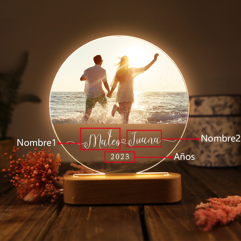 Lámpara para pareja 3D Ilusión Luz de Noche LED 2 nombres, año y foto personalizados -Jessemade ES