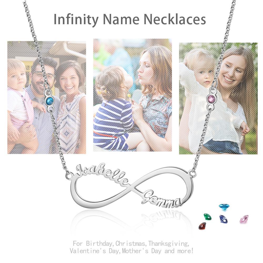 Collar para Mujer de "infinito" 2 Nombres y 2 Piedras de Nacimiento Personalizados
