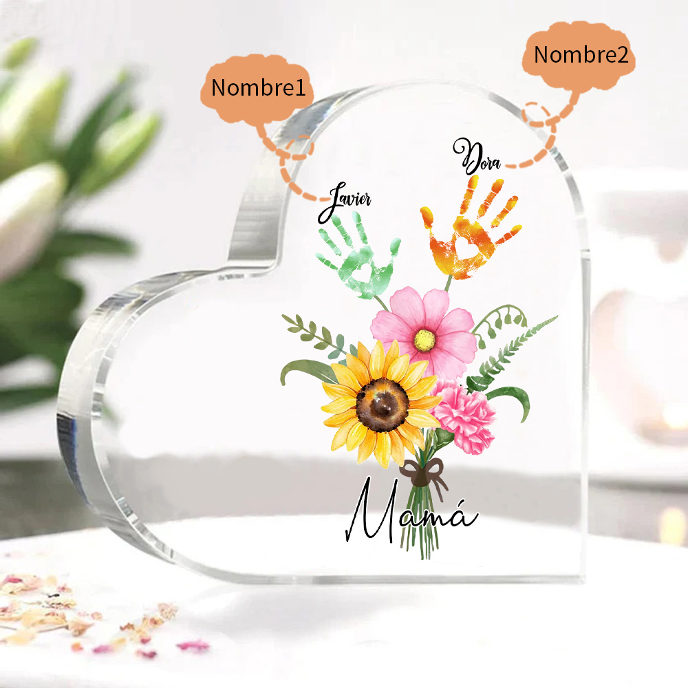A mi mamá-Placa de acrílico en forma de corazón flor y manitas 1-5 nombres personalizados-Jessemade ES