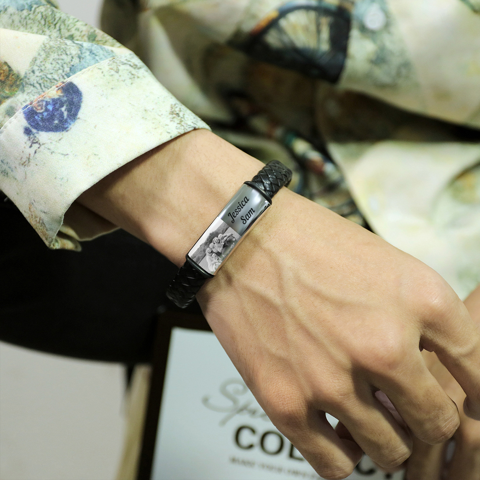 A mi papá-Pulsera de cuero trenzado personalizada con 2 nombres y 1 foto para hombre-Jessemade ES