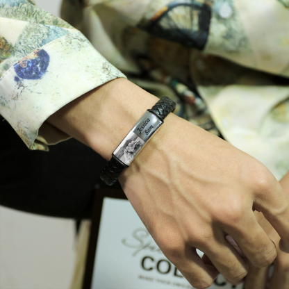 A mi papá-Pulsera de cuero trenzado personalizada con 2 nombres y 1 foto para hombre-Jessemade ES