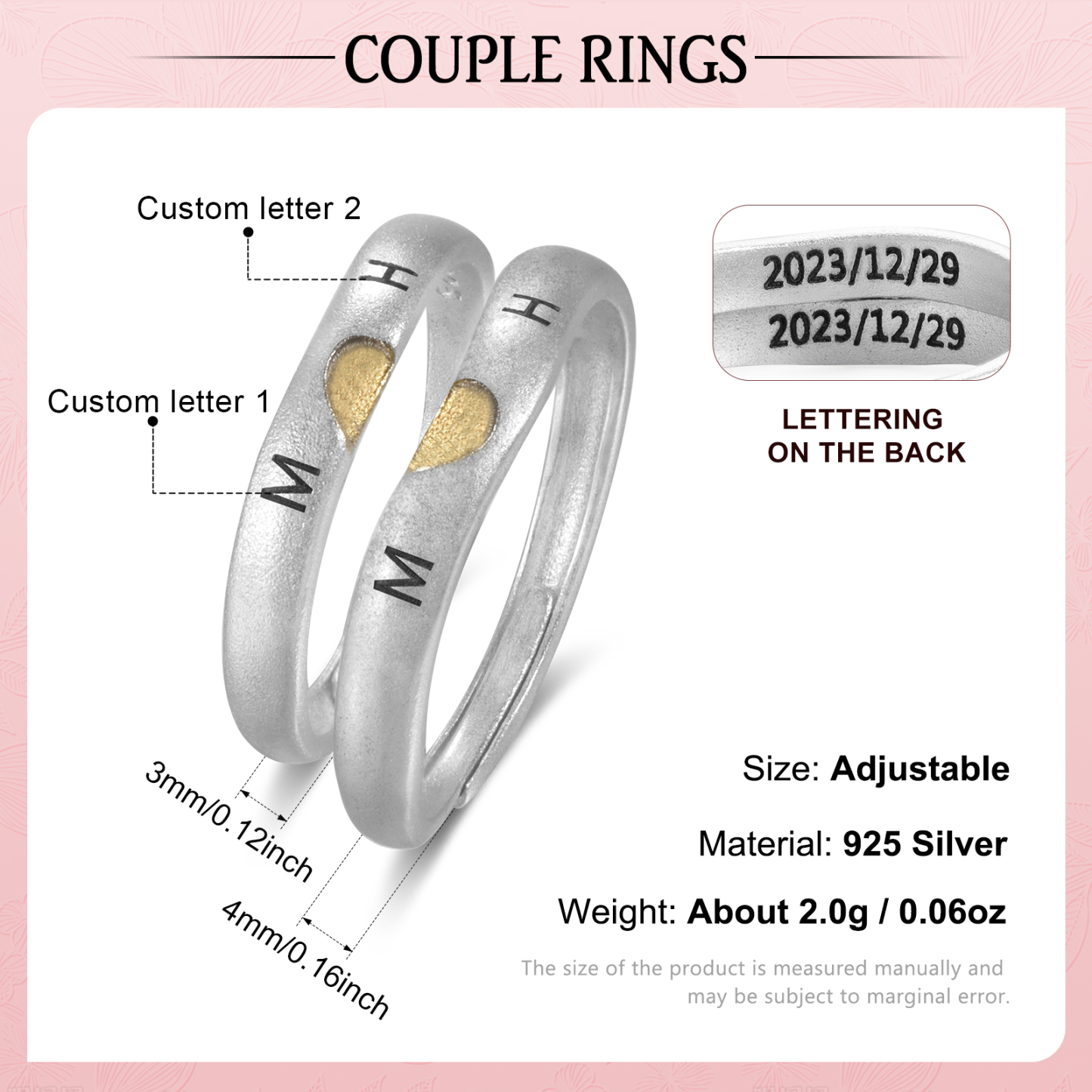 Anillos para Pareja de Corazón Plata 925 Personalizados de 2 Letras y Fecha Anillos Ajustables Alianza-Jessemade ES