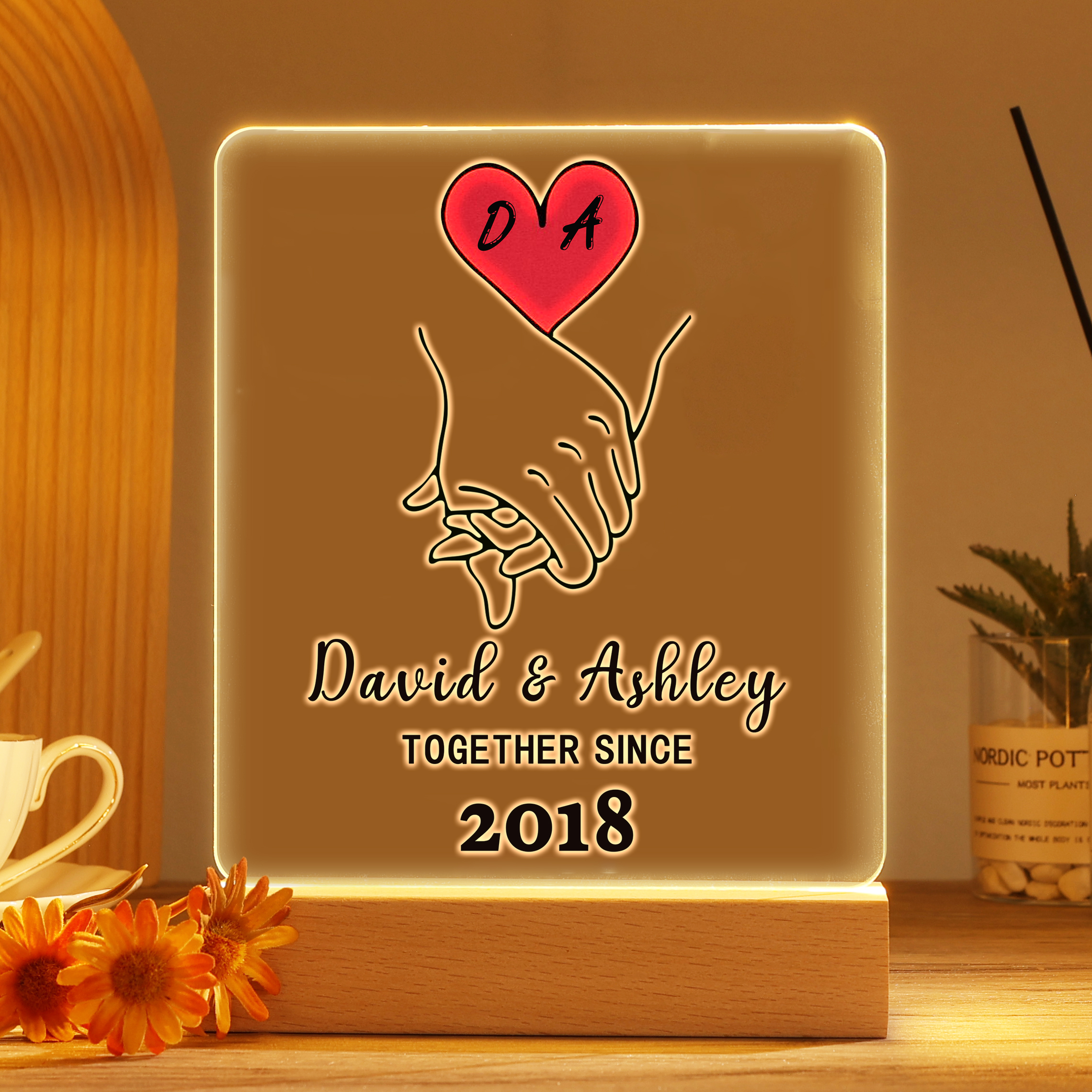 Lámpara manos cogidas para pareja 3D Ilusión Luz de Noche LED 2 letras, 2 nombres, texto y año personalizados -Jessemade ES