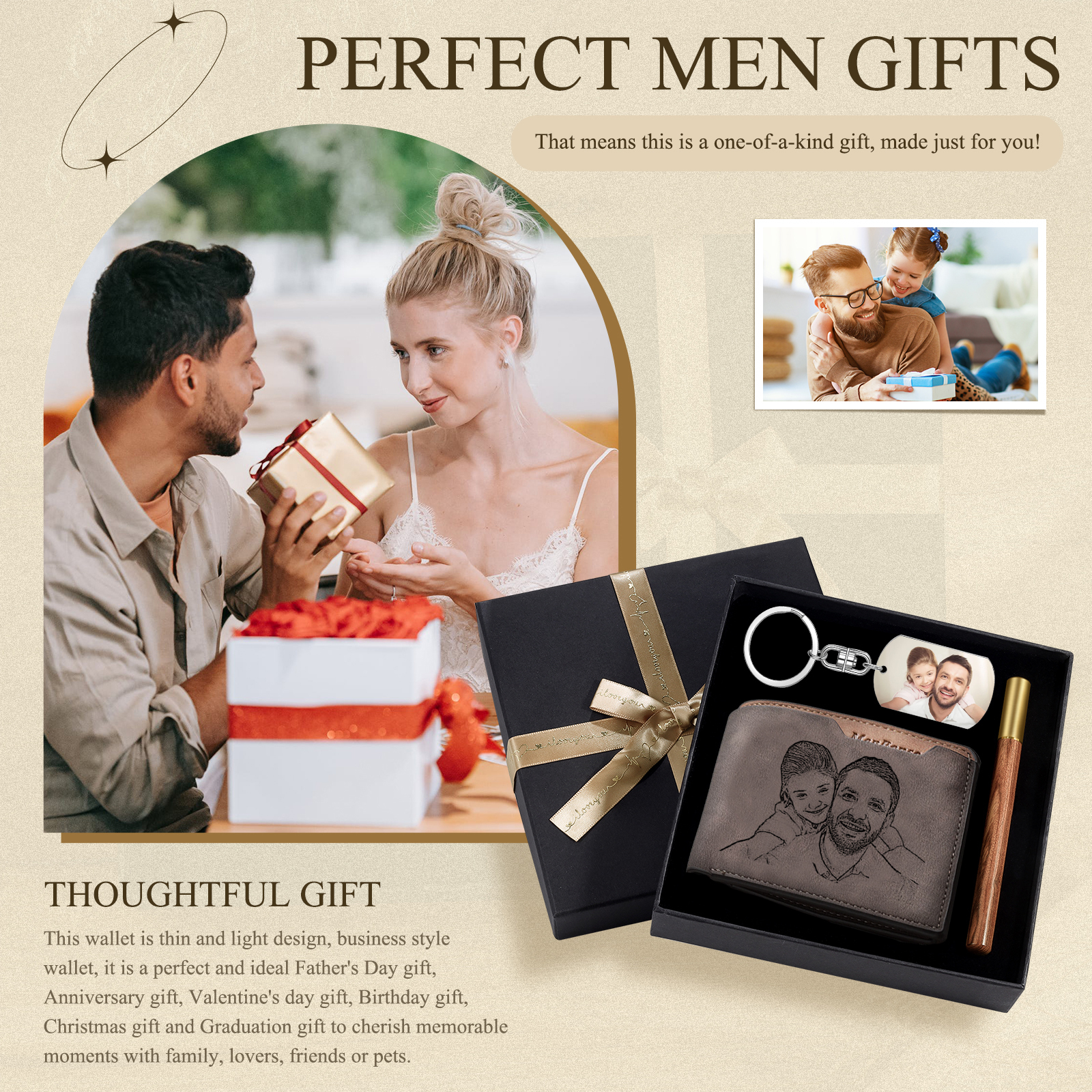 Kit de regalo-Llavero, cartera y bolígrafo con fecha y texto personalizados con 2 fotos para hombre-Jessemade ES