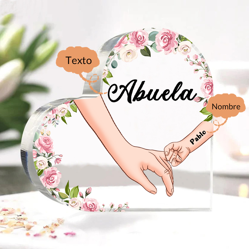 A mi mamá/abuela-Placa de acrílico en forma de corazón mano a mano con 1 texto y 1 nombre personalizado | Jessemade