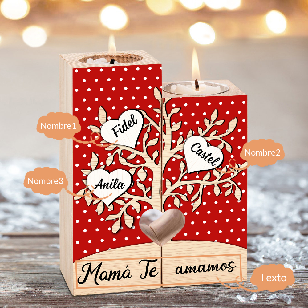 A la familia-Candelero de árbol de la vida de madera personalizado con 3-8 nombres y 1 texto sin vela-Jessemade ES