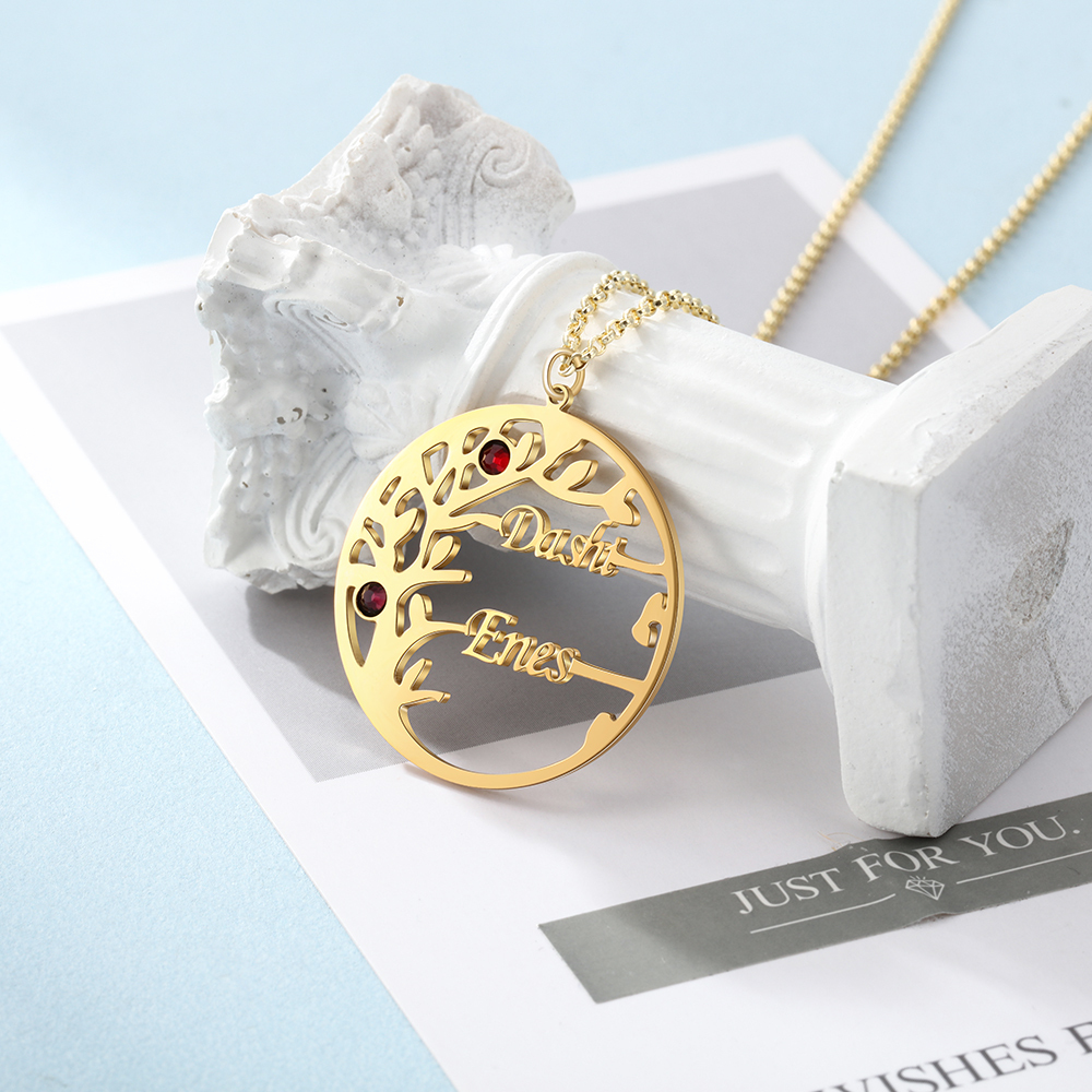 Collar de plata 925 Árbol de la Vida Árbol Genealógico 2 nombres y 2 piedras de nacimiento-Jessemade ES