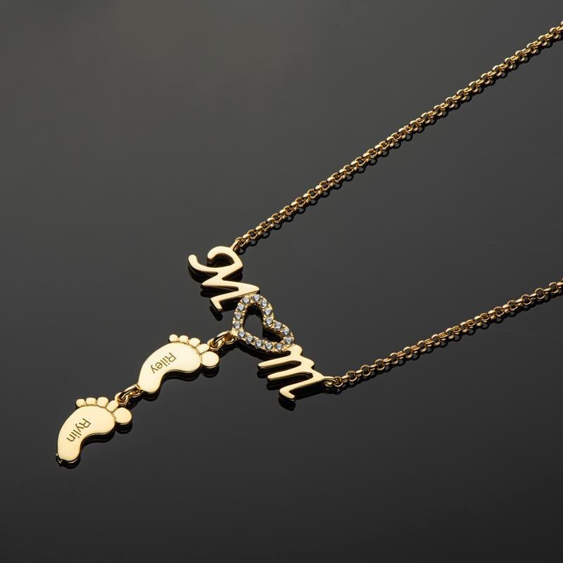 Collar "MoM" con colgante de huellas personalizadas con 2 nombres-Jessemade ES