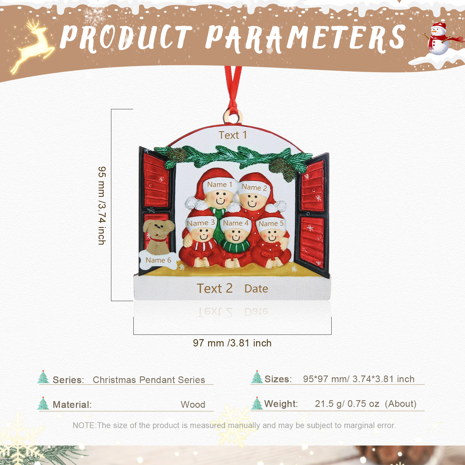 Navidad-Ornamento muñecos navideño de madera familia de 5 con perro y 2 textos y año personalizados adorno del árbol-Jessemade ES