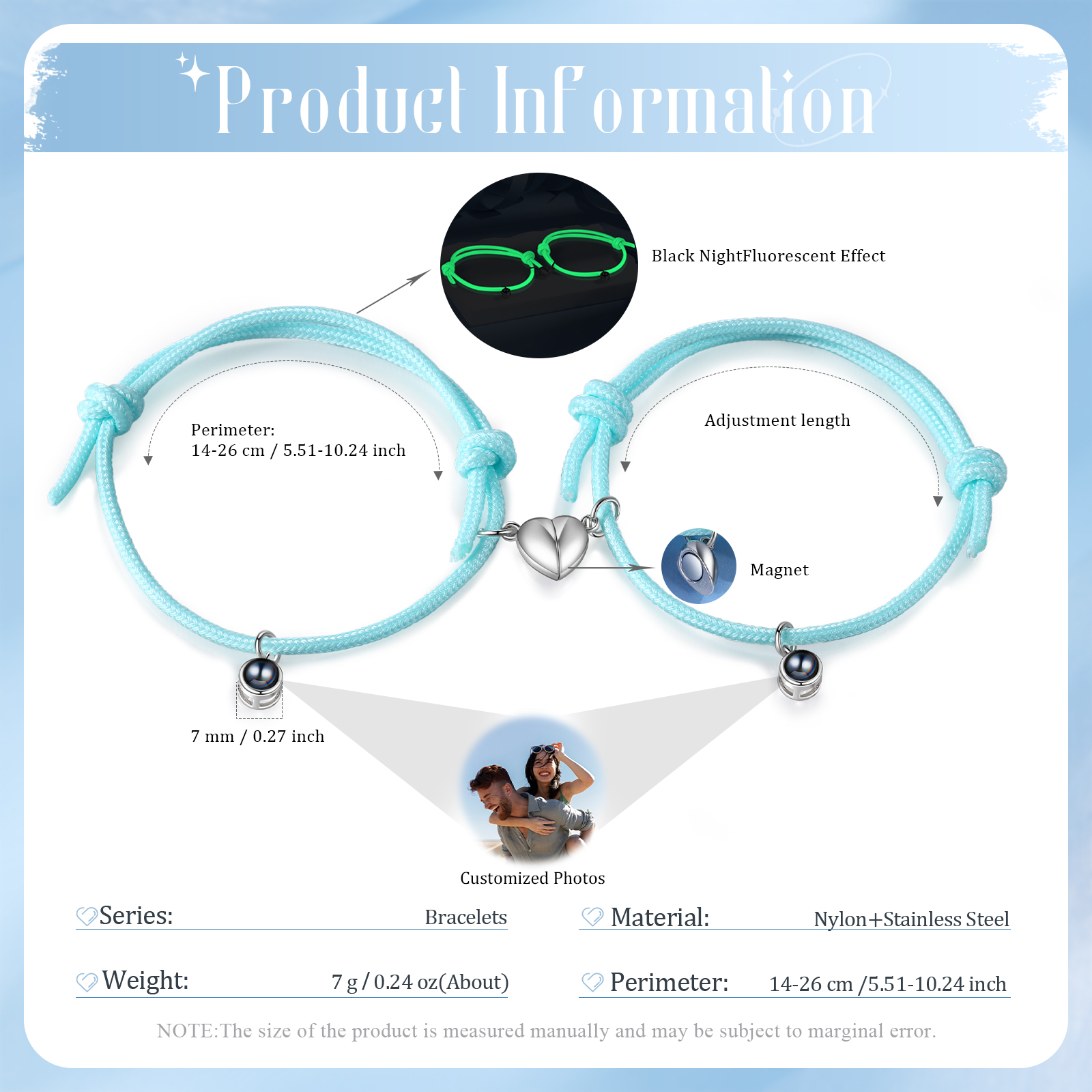 Pulsera de cuerda fluorescentepara pareja con proyección de foto con dije de corazón magnético-Jessemade ES