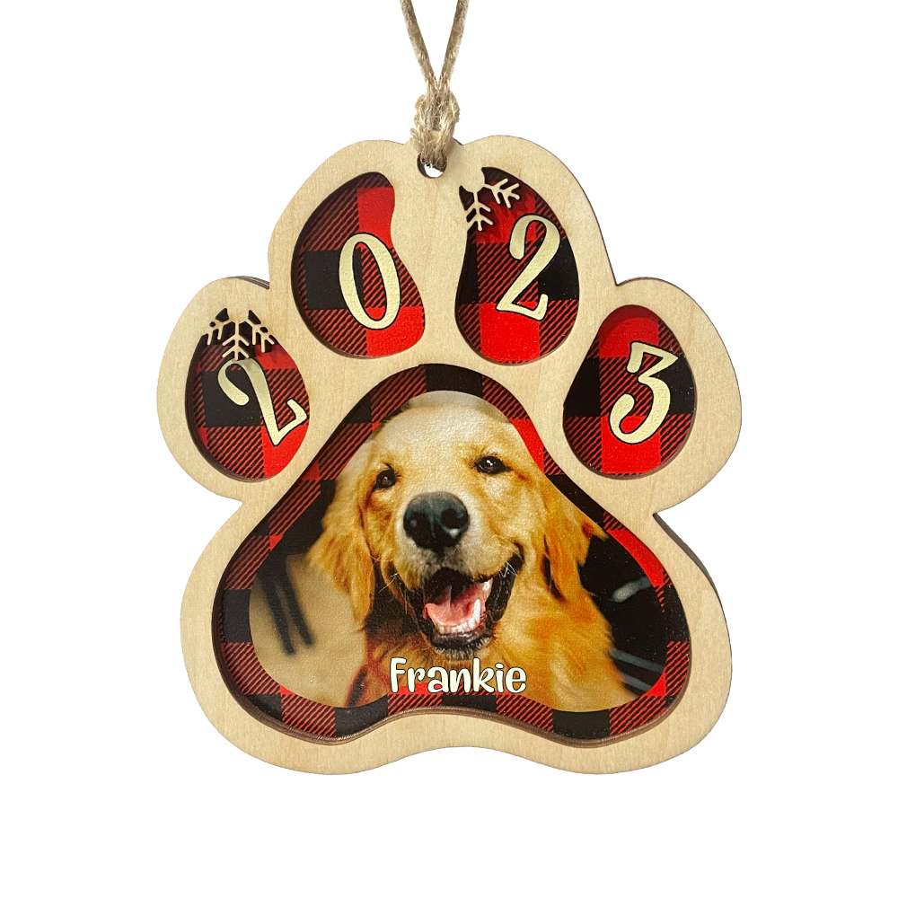 Navidad-Ornamento navideño de madera pata de perro con 1 nombre y 1 foto personalizados